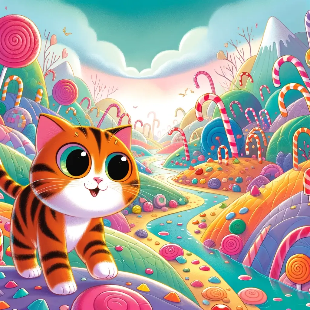Dalle 3 Use Case-Create an illustration for a children’s book featuring ‘a curious cat exploring a colorful candy land’